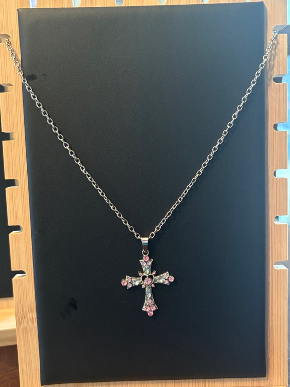 Sterling Silver Cross Pendant Necklace with Pink Stones